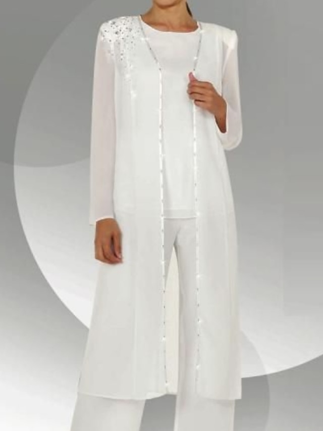  Byxor 3 -delad kostym Klänning till brudens mor Elegant Prydd med juveler Golvlång Chiffong Långärmad med Paljett 2023