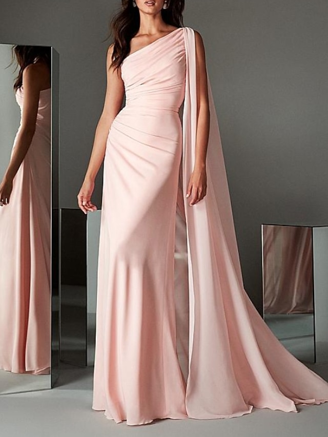  Sheath / Column Evening Gown Elegant Dress Engagement Formal Evening Sweep / Brush Train Sleeveless One Shoulder Chiffon with Sleek 2024