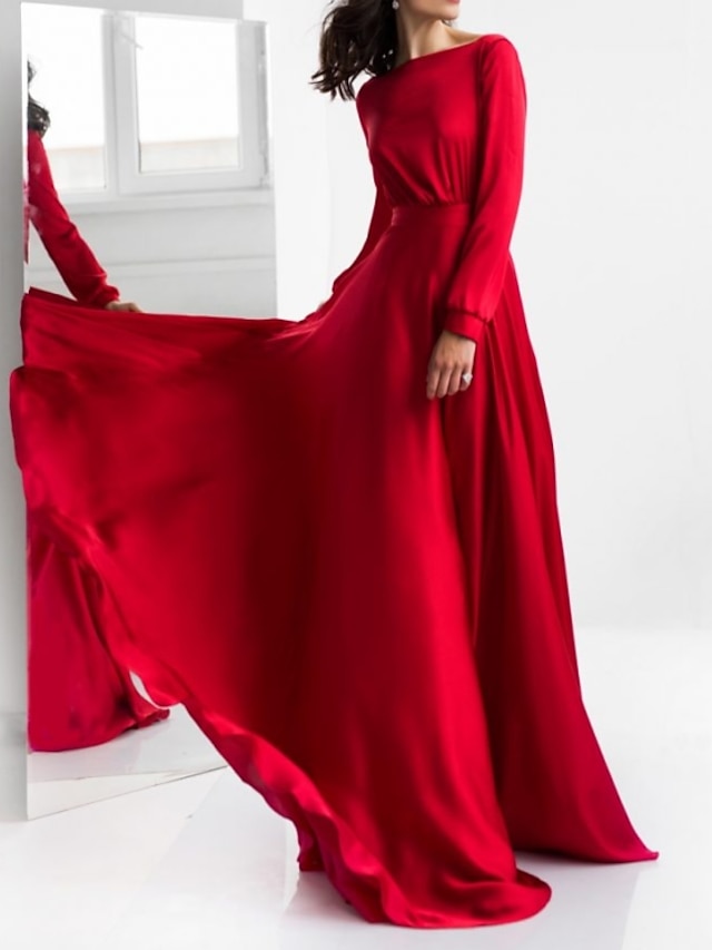  A-Line Beautiful Back Elegant Engagement Formal Evening Dress Jewel Neck Long Sleeve Sweep / Brush Train Satin with Pleats 2022