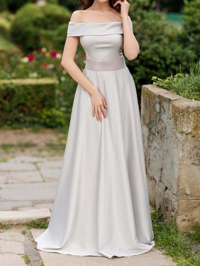  A-Line Evening Gown Elegant Dress Engagement Formal Evening Sweep / Brush Train Short Sleeve Off Shoulder Satin with Sash / Ribbon 2024