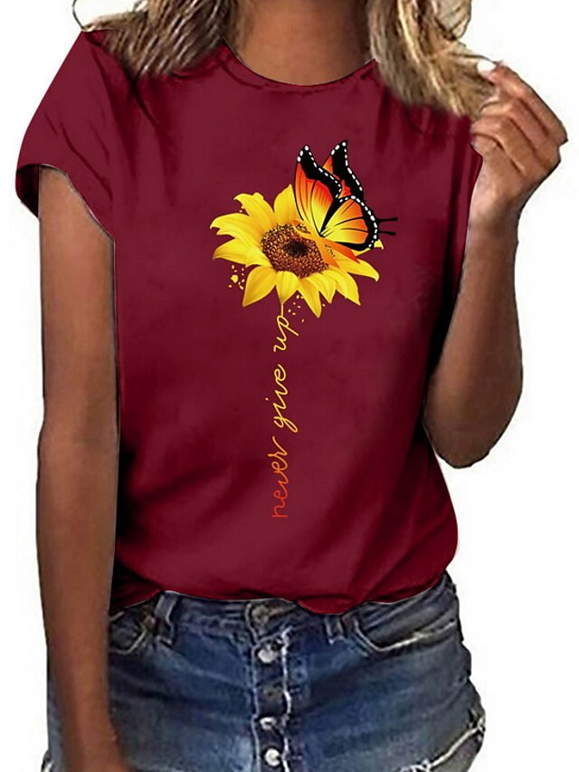 Womens Clothing Womens Tops | Womens Daily Weekend T shirt Tee Geometric Sunflower Short Sleeve Round Neck Tops White Black Yell