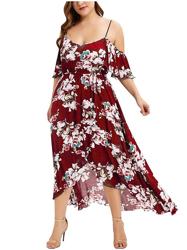  Women's Strap Dress Midi Dress Black Wine Orange Short Sleeve Rose Floral Patchwork Summer Streetwear Boho Butterfly Sleeve 2021 XL XXL 3XL 4XL 5XL / Plus Size