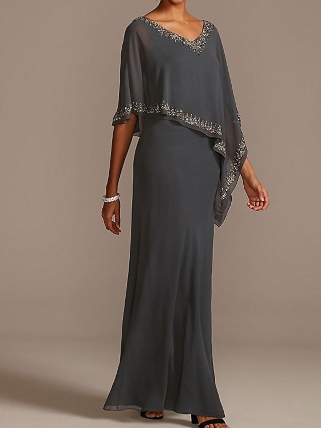  Sheath / Column Mother of the Bride Dress Elegant V Neck Floor Length Chiffon Half Sleeve with Beading 2023
