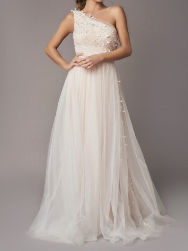  A-Line Wedding Dresses One Shoulder Sweep / Brush Train Tulle Sleeveless Country Backless with Appliques 2021