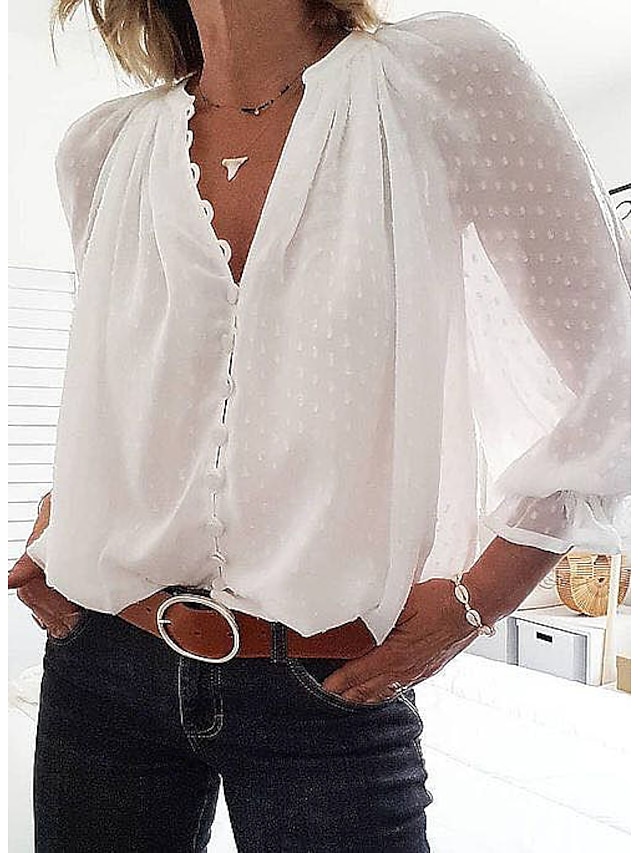  Women's Shirt Blouse White Solid Colored Long Sleeve Daily Wear Streetwear V Neck Regular Fit