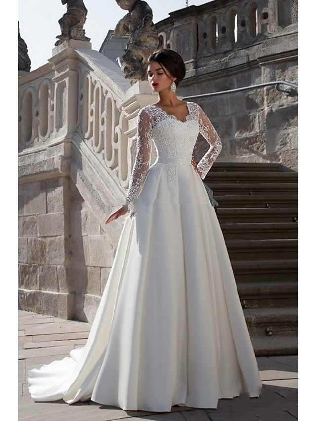  Engagement Formal Wedding Dresses A-Line V Neck Long Sleeve Court Train Satin Bridal Gowns With Appliques 2024
