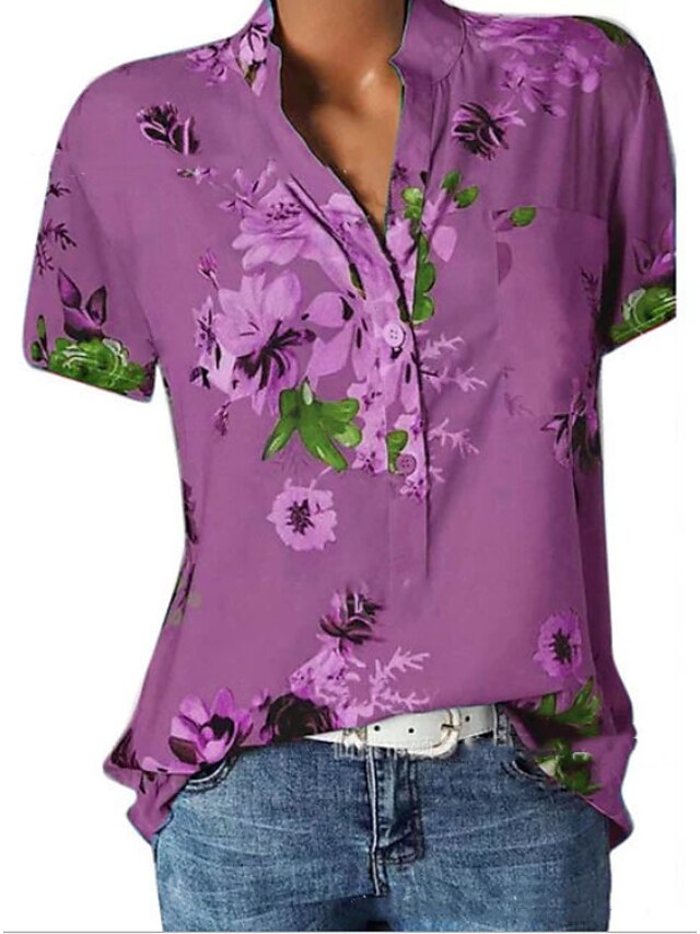  Жен. Блуза Графика Повседневные выходные Блуза Рубашка С короткими рукавами V-образный вырез Зеленый Белый Серый S / Лето