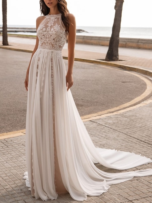  Beach Wedding Dresses A-Line Halter Neck Sleeveless Sweep / Brush Train Chiffon Bridal Gowns With Embroidery 2024