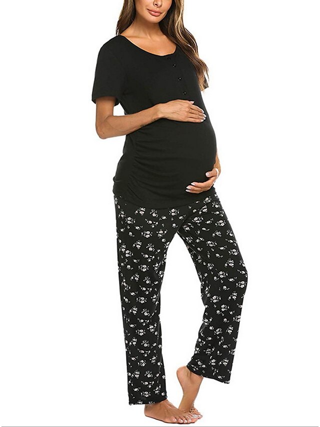  Mulheres Gravidez Decote em V Profundo Conjunto Pijamas Estampa Colorida