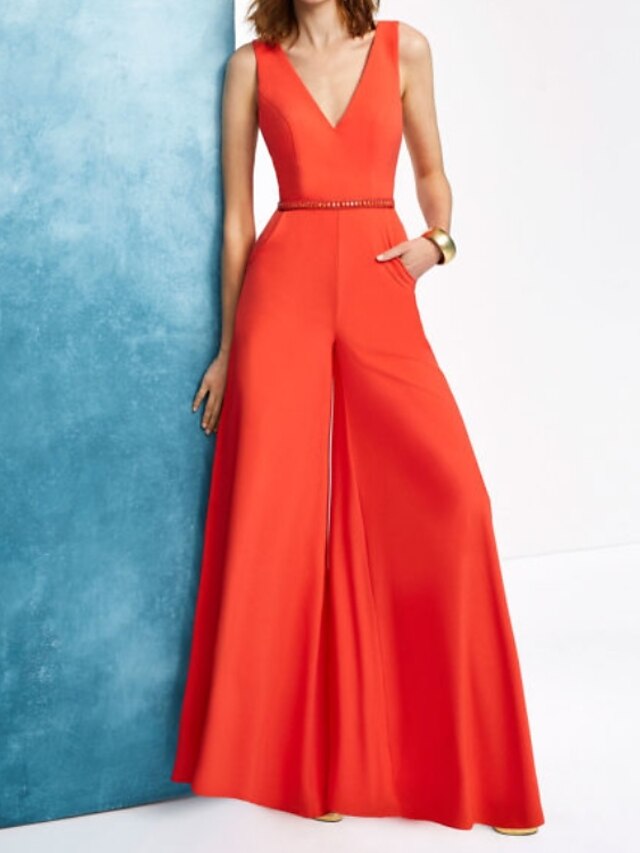  Jumpsuits Beautiful Back Minimalist Engagement Formal Evening Dress V Neck Sleeveless Floor Length Chiffon with Sash / Ribbon 2022