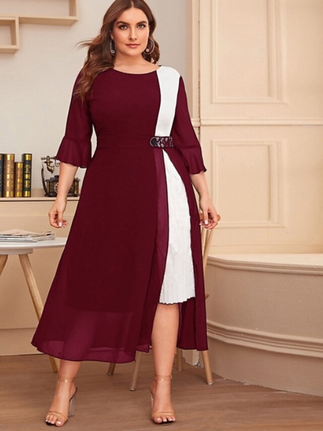 Womens Clothing Plus Size Collection | Womens Plus Size A Line Dress Color Block Round Neck 3/4 Length Sleeve Fall Spring Work C