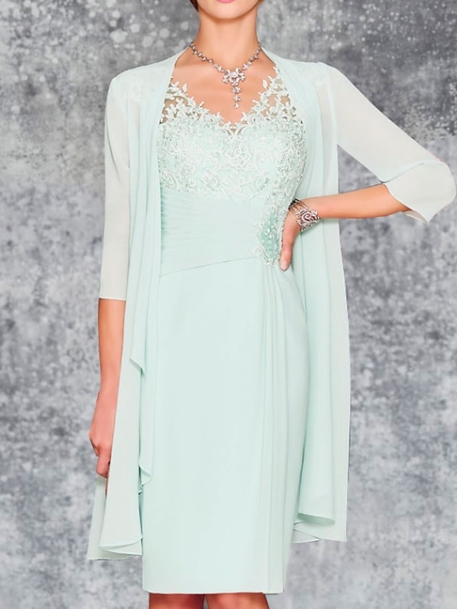  Two Piece Sheath / Column Mother of the Bride Dress Elegant V Neck Knee Length Chiffon 3/4 Length Sleeve with Embroidery 2022
