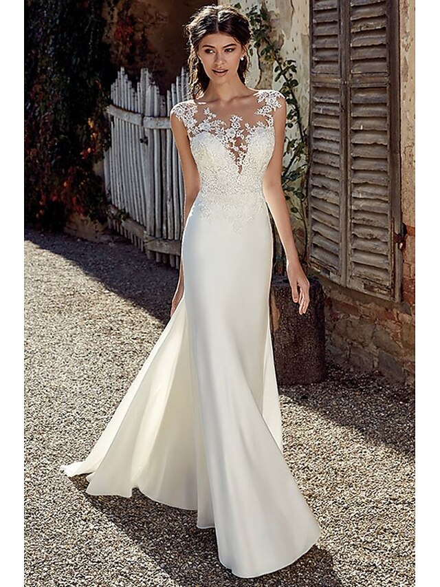  A-Line Wedding Dresses Bateau Neck Court Train Lace Satin Tulle Cap Sleeve Romantic Sexy See-Through Backless with Appliques 2022