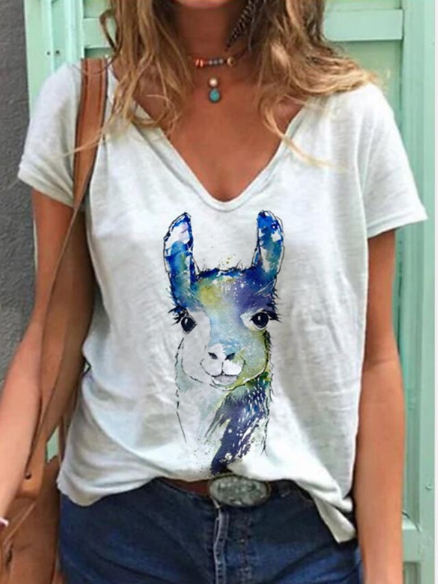  Naisten T-paita Tulostus Eläin Painettu V kaula-aukko Topit Basic-alkuun Valkoinen
