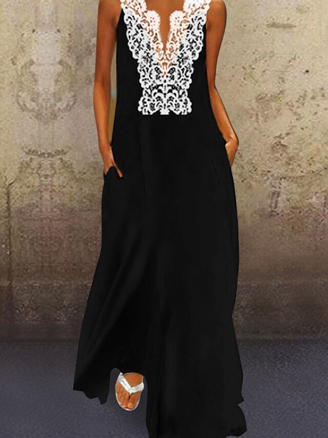 Women's Sheath Dress Maxi long Dress Black Sleeveless Color Block Deep ...