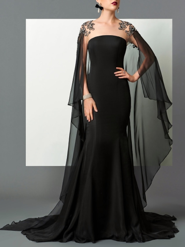  Mermaid Black Dress Evening Gown Black Dress Vintage Engagement Formal Evening Sweep / Brush Train Sleeveless Strapless Chiffon with Sleek 2024