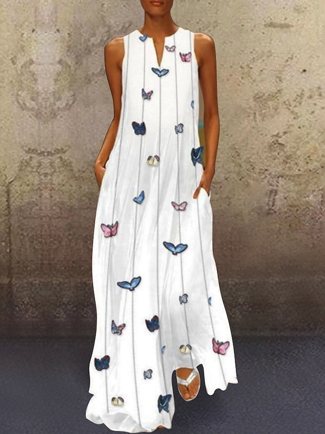  Women's White Dress Long Dress Maxi Dress Yellow Light Blue White Sleeveless Animal Print Spring Summer V Neck 2023 S M L XL XXL 3XL 4XL 5XL