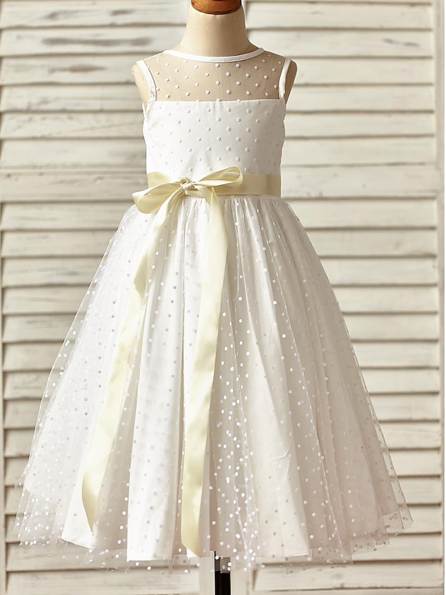  A-Line Ankle Length Flower Girl Dress Wedding Cute Prom Dress Tulle with Sash / Ribbon Fit 3-16 Years