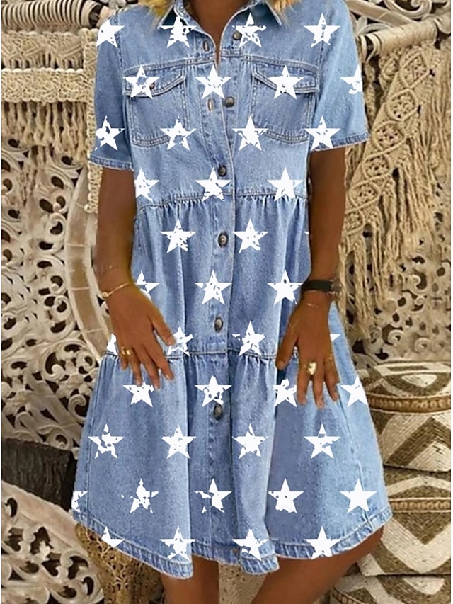  naisten denim paita mekko polvipituinen mekko sininen lyhythihainen tähti nappi edessä print kesäpaita kaulus rento 2023 m l xl xxl 3xl