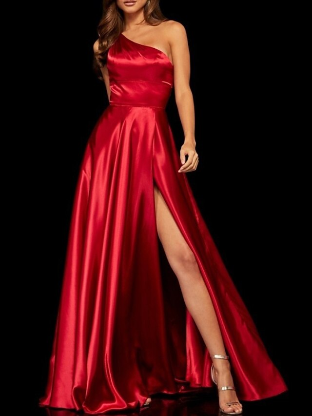  A-Line Evening Gown Beautiful Back Dress Engagement Formal Evening Sweep / Brush Train Sleeveless One Shoulder Satin with Pleats Slit 2024