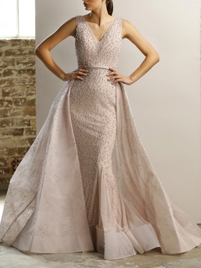  Mermaid / Trumpet Sparkle Elegant Engagement Formal Evening Dress V Neck Sleeveless Detachable Tulle with Beading 2021