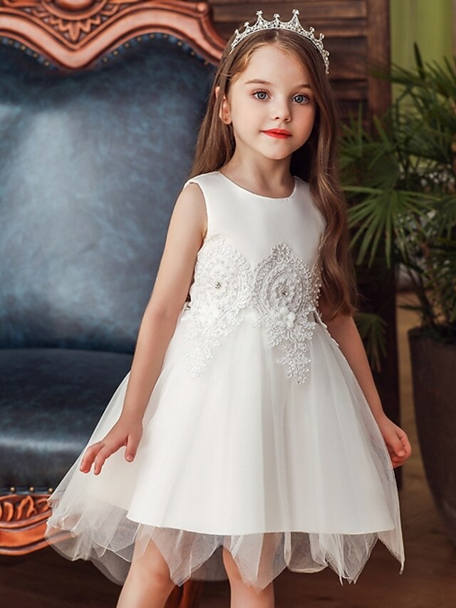  Princess / Ball Gown Knee Length Party / Wedding Flower Girl Dresses - Lace / Satin / Tulle Sleeveless Jewel Neck with Appliques