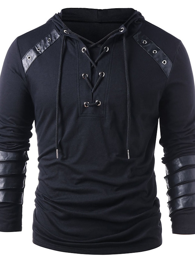 Mens Clothing Mens Hoodies & Sweatshirts | mens hooded jacket men winter drawstring vintage leather patchwork long sleeve hooded