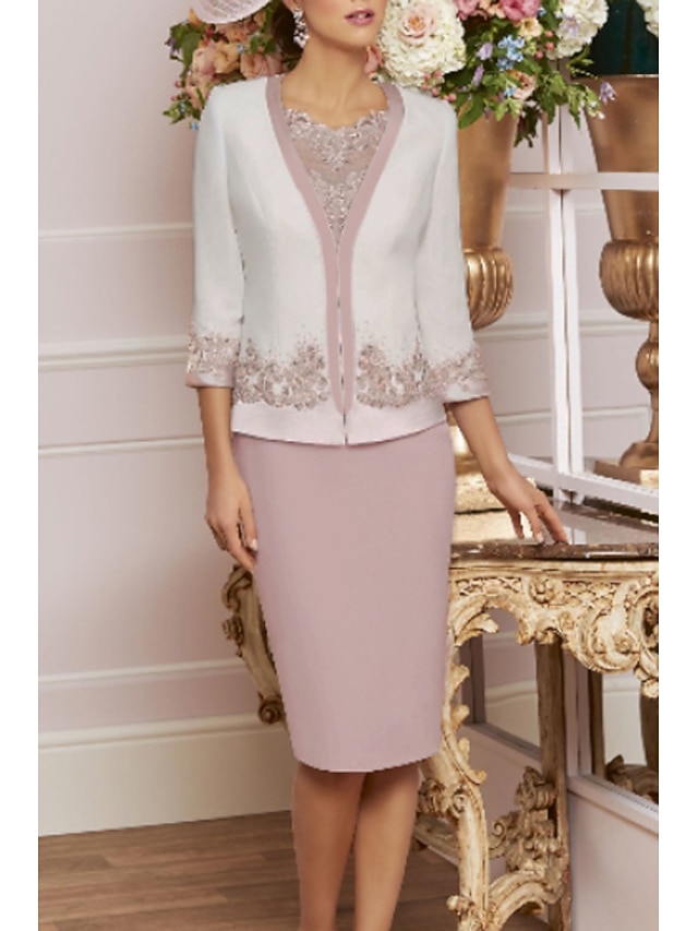 Sheath/Column 2 Pieces Lace Mother of the Bride Dresses with Jacket Beading 3/4 Sleeves Knee-Length
