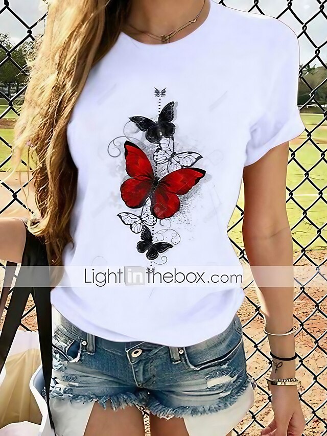 Women's T shirt Tee 100% Cotton Butterfly Graphic Prints White Short ...