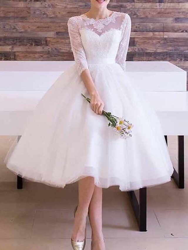 Reception Vintage 1940s / 1950s Little White Dress Bridal Shower Dresses Wedding Dresses A-Line Illusion Neck 3/4 Length Sleeve Tea Length Lace Bridal Gowns With Sashes / Ribbons Appliques 5