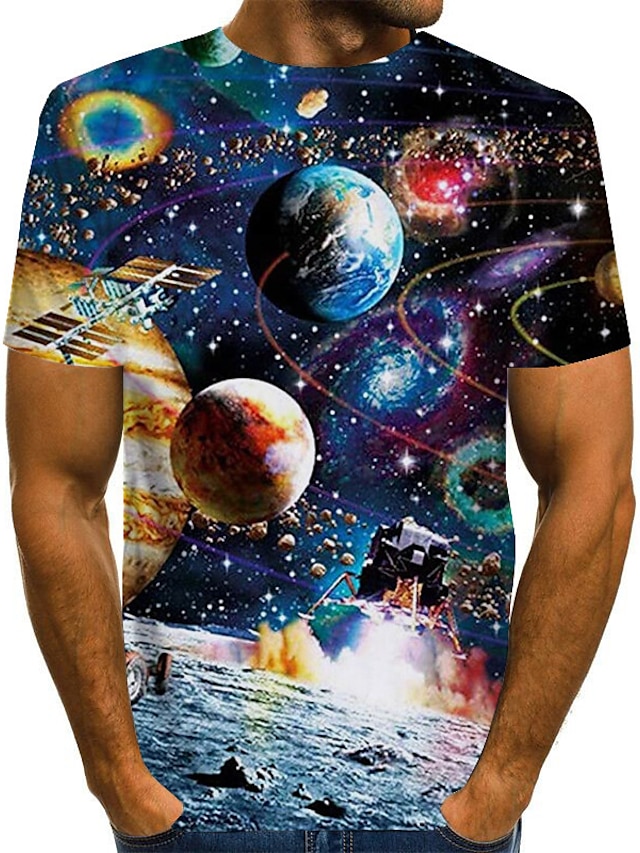  Men's T shirt Tee Graphic Galaxy Round Neck Black Blue Gold Rainbow 3D Print Plus Size Daily Weekend Short Sleeve Print Clothing Apparel Exaggerated Basic
