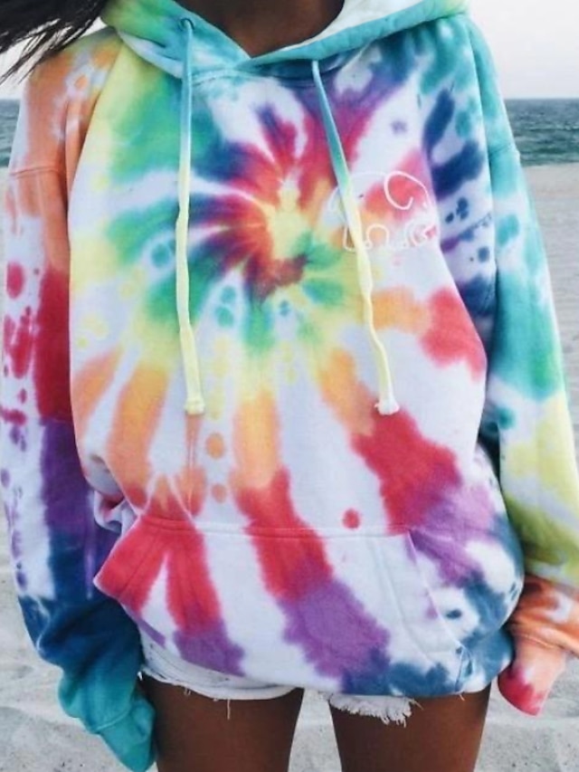  Women's Hoodie Pullover Basic Oversized Yellow Rainbow Tie Dye Loose Fit Hooded S M L XL XXL