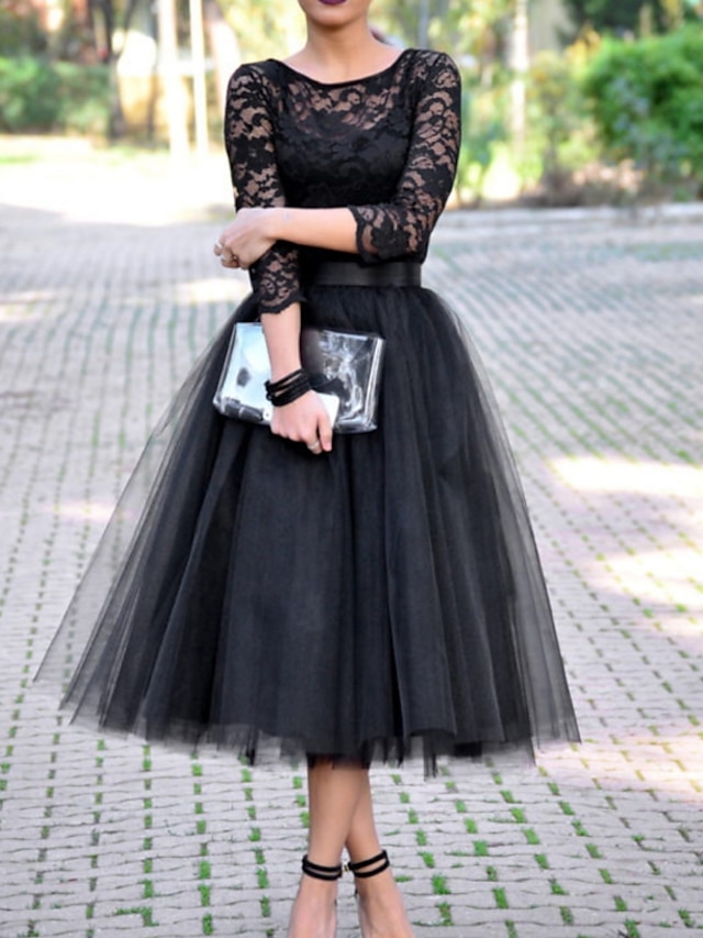  a-line cocktail svart klänning vintage klänning halloween fotled 3/4 lång ärm juvelhals höst bröllop gäst tyll med veck spetsinlägg 2024