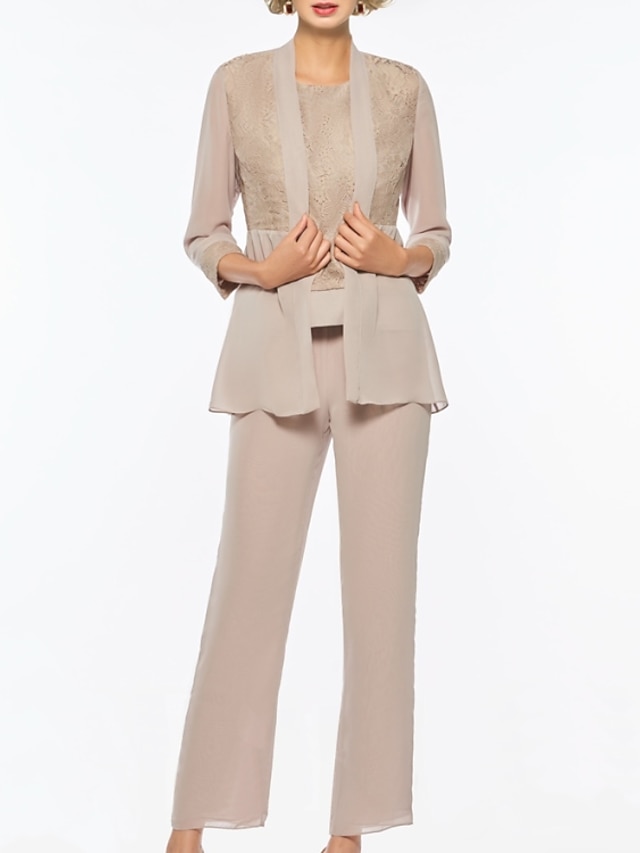  Jumpsuit / Pantsuit Mother of the Bride Dress Formal Elegant Plus Size Jewel Neck Floor Length Chiffon Lace 3/4 Length Sleeve with Appliques 2024