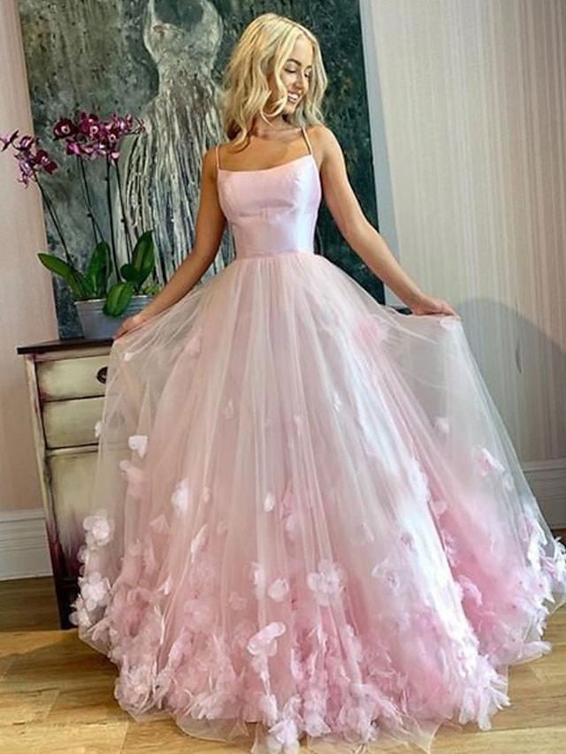  A-Line Prom Party Dress Floral Dress Performance Sweet 16 Floor Length Sleeveless Spaghetti Strap Tulle with Pleats Appliques 2024
