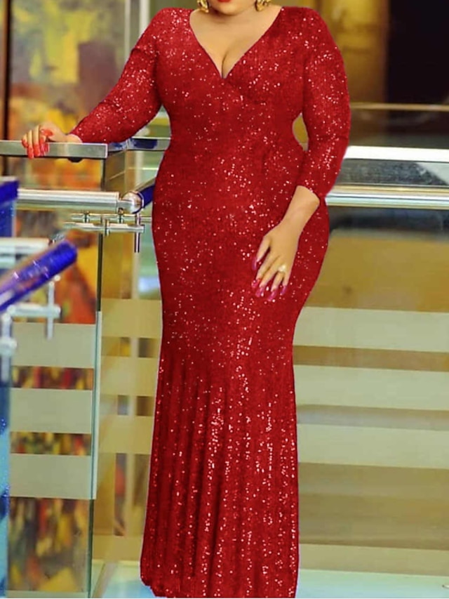  Sheath / Column Glittering Plus Size Wedding Guest Prom Dress V Neck Long Sleeve Floor Length Sequined with Sequin 2022