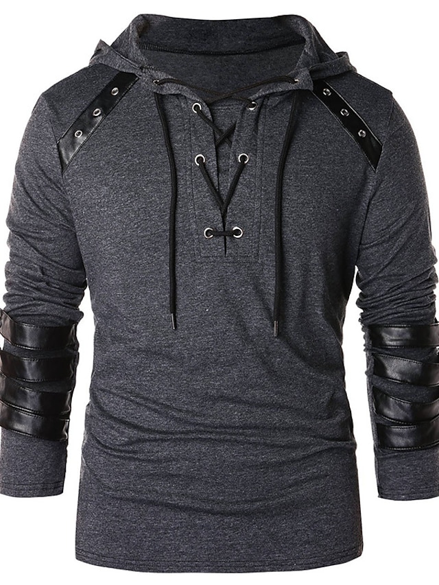 Mens Clothing Mens Hoodies & Sweatshirts | mens hooded jacket men winter drawstring vintage leather patchwork long sleeve hooded