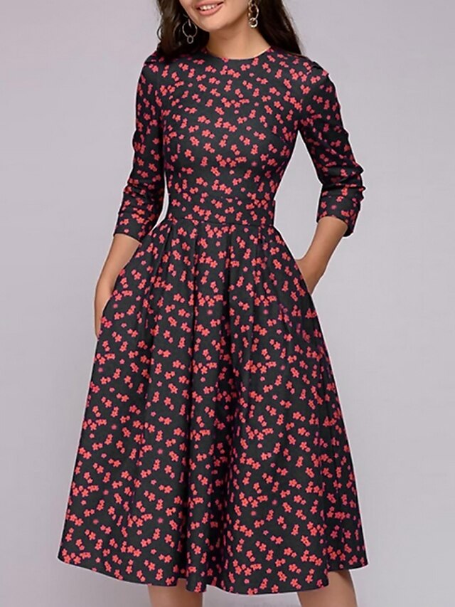  Γυναικεία Φόρεμα σε γραμμή Α Μίντι φόρεμα Ρουμπίνι 3/4 Μήκος Μανικιού Φλοράλ Στάμπα Άνοιξη Στρογγυλή Λαιμόκοψη καυτό Τ M L XL XXL