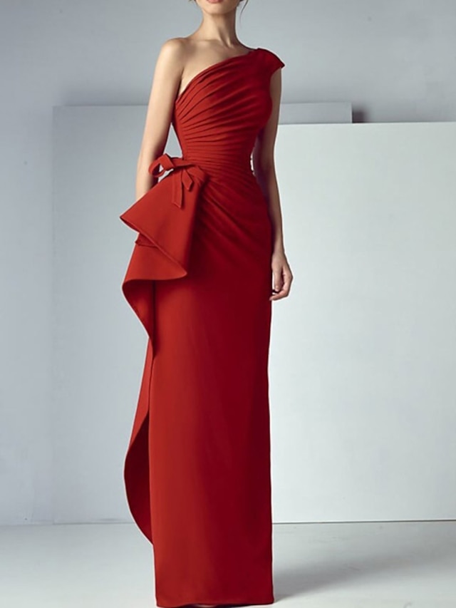  Ίσια Γραμμή Όμορφη Πλάτη Κομψό Αρραβώνας Επίσημο Βραδινό Φόρεμα Ένας Ώμος Αμάνικο Μακρύ Σατέν με Που καλύπτει 2022