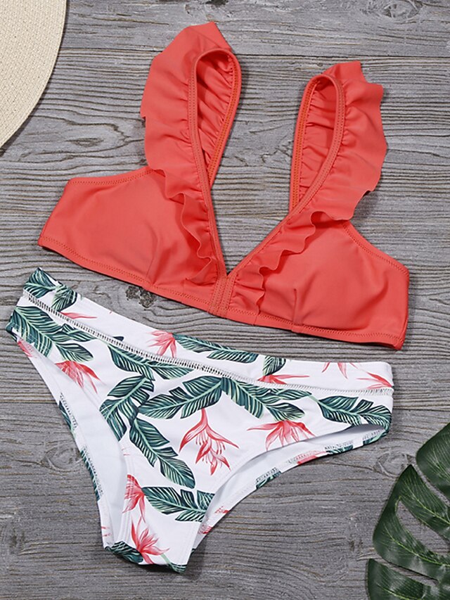 Womens Clothing Womens Swimwear | Womens Swimwear Bikini 2 Piece EU / US Size Swimsuit Backless Trangle Ruffle Floral Leaf Green