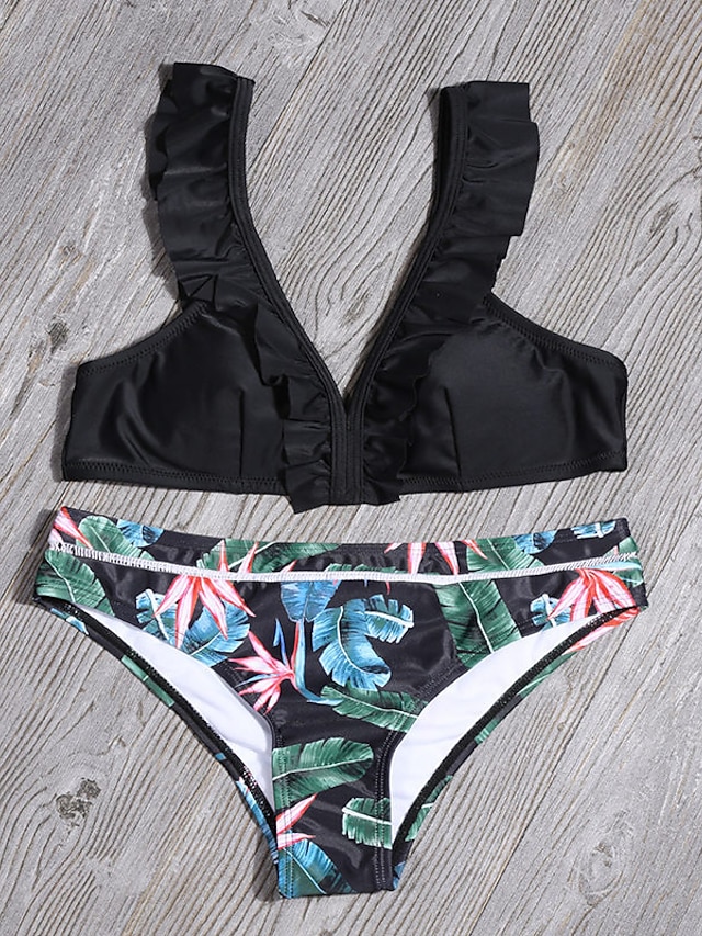 Womens Clothing Womens Swimwear | Womens Swimwear Bikini 2 Piece EU / US Size Swimsuit Backless Trangle Ruffle Floral Leaf Green