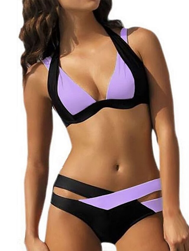  Women's Swimwear Bikini Swimsuit Halter Push Up for Big Busts Color Block Lilac Halter Neck Bathing Suits / Padded Bras