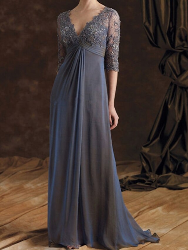 ALine Mother of the Bride Dress Elegant V Neck Floor Length Chiffon