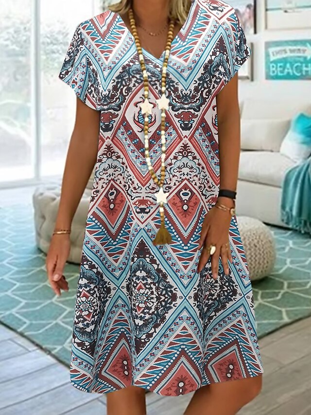  Robe Longueur Genou Femme Grande Taille Robe Trapèze Manche Courte Eté - chaud Décontractées Imprimer Tribal Col V Ample 2022 Rouge Bleu M L XL XXL 3XL 4XL