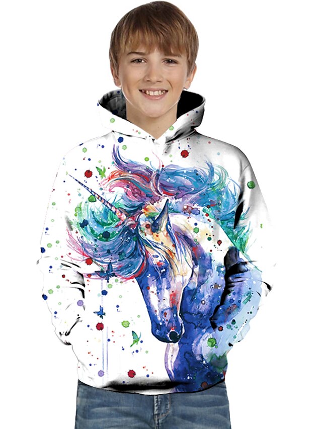  Kids Toddler Boys' Hoodie & Sweatshirt Long Sleeve White Unicorn Color Block Geometric Tie Dye Print Active Basic