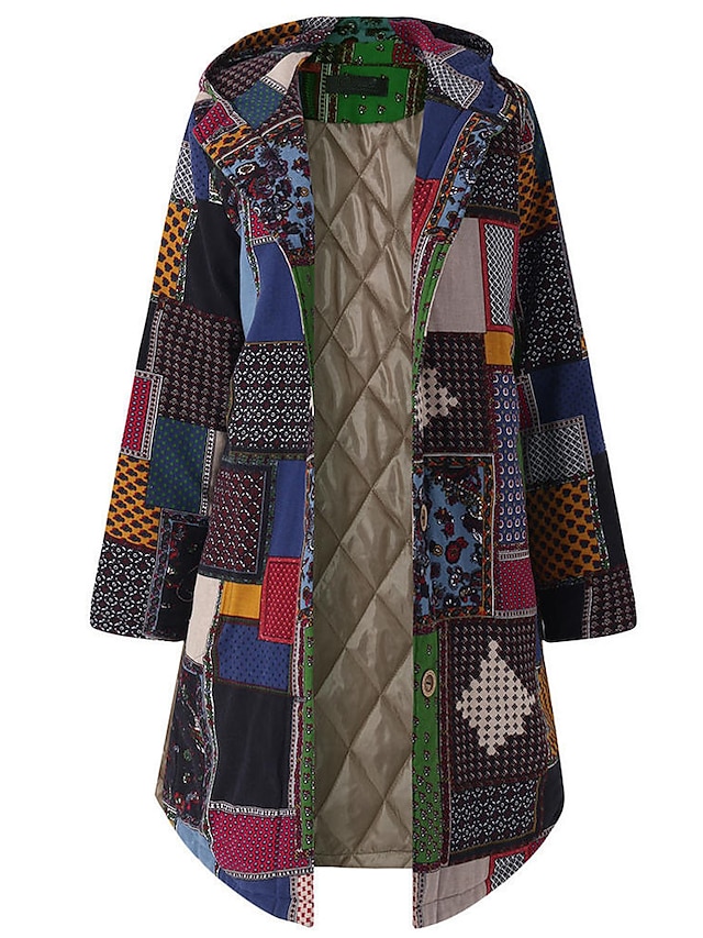  Women's Parka Daily Fall Winter Long Coat Regular Fit Casual Jacket Long Sleeve Geometric Print Green Red / Plus Size