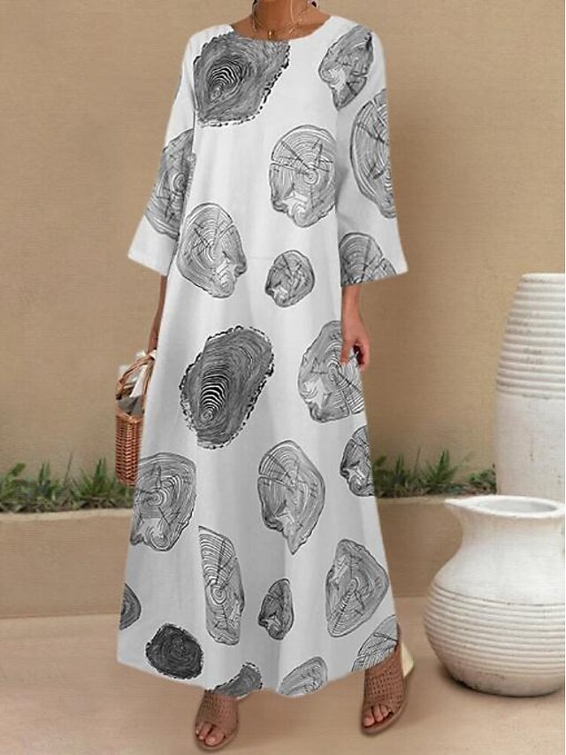 Womens Clothing Womens Dresses | Womens A Line Dress Maxi long Dress White Black Long Sleeve Print Print Summer Round Neck Hot C