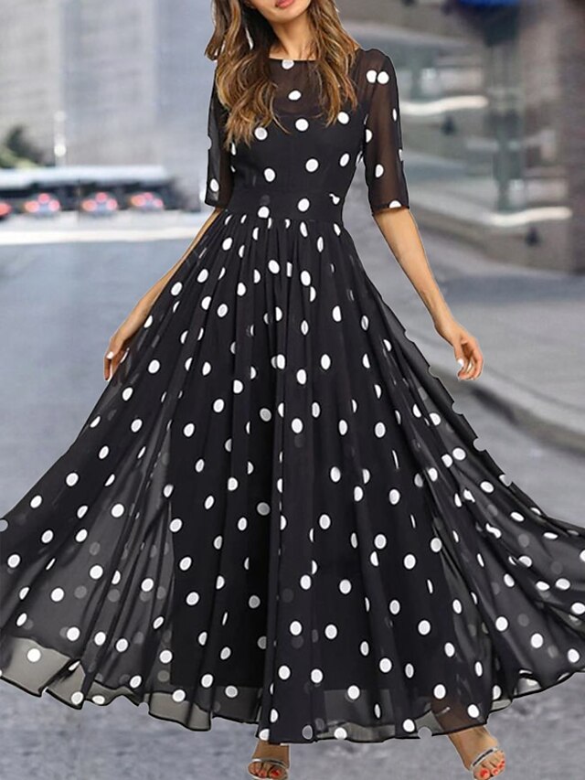 Γυναικεία Φορέματα σιφόν Μακρύ φόρεμα Μαύρο Μισό μανίκι Πουά Στάμπα Φθινόπωρο Άνοιξη Στρογγυλή Λαιμόκοψη καυτό Καθημερινό 2021 XL XXL 3XL