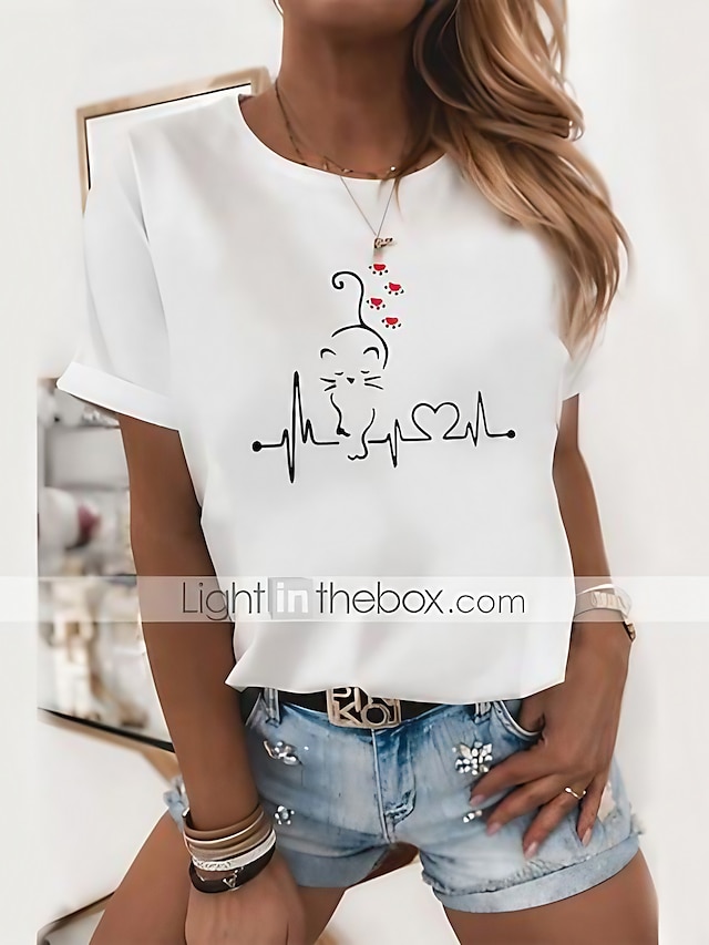 Womens Clothing Womens Tops | Womens Home Casual Daily Cat T shirt Tee Cat Graphic Heart Short Sleeve Print Round Neck Basic Vac