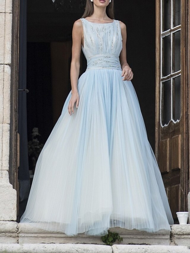  A-Line Prom Dresses Sparkle Dress Engagement Floor Length Sleeveless Boat Neck Tulle with Crystals 2022 / Sparkle & Shine